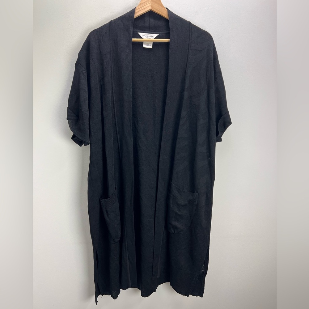 Misook Short Sleeve Cardigan Sweater Topper Black Open Layer Capsule Front 3X